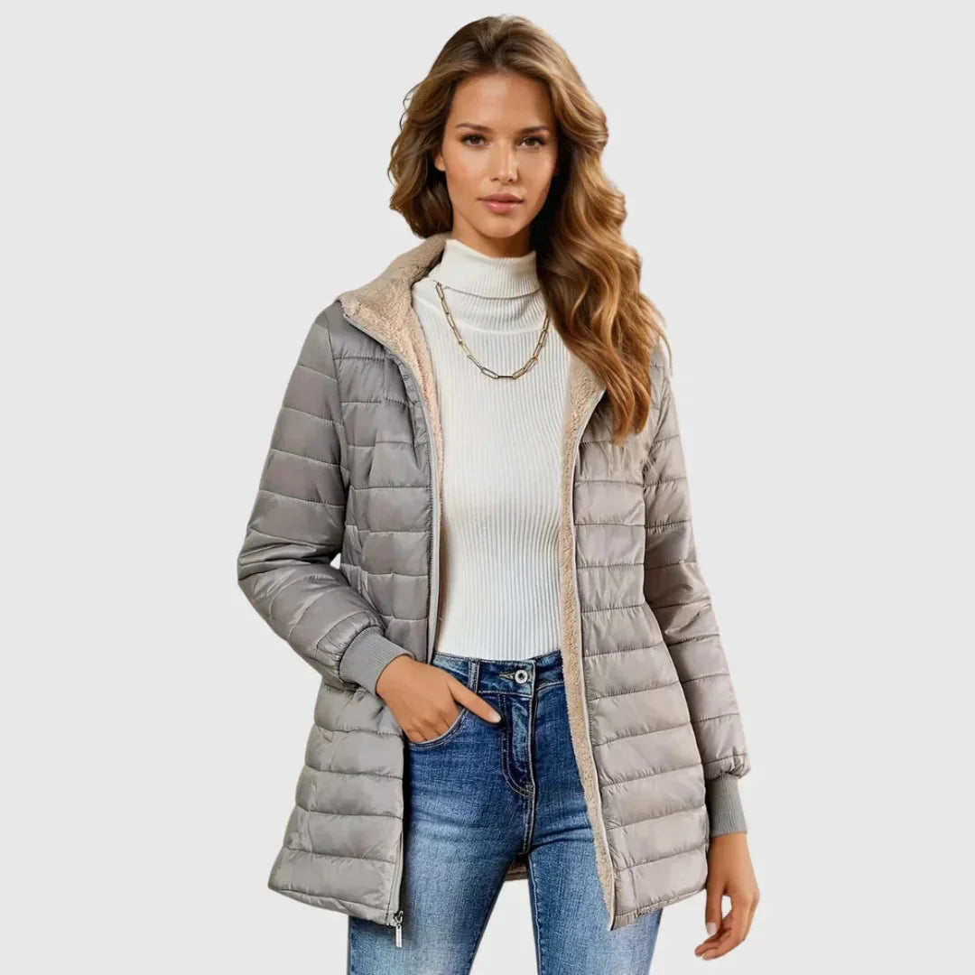 Doudoune à capuche pour femme doublée en sherpa avec poignets côtelés