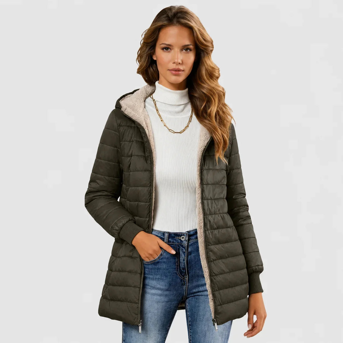 Doudoune à capuche pour femme doublée en sherpa avec poignets côtelés