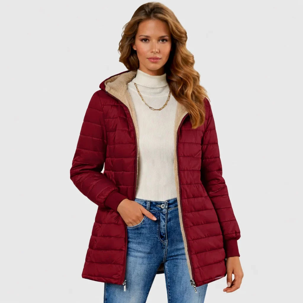 Doudoune à capuche pour femme doublée en sherpa avec poignets côtelés