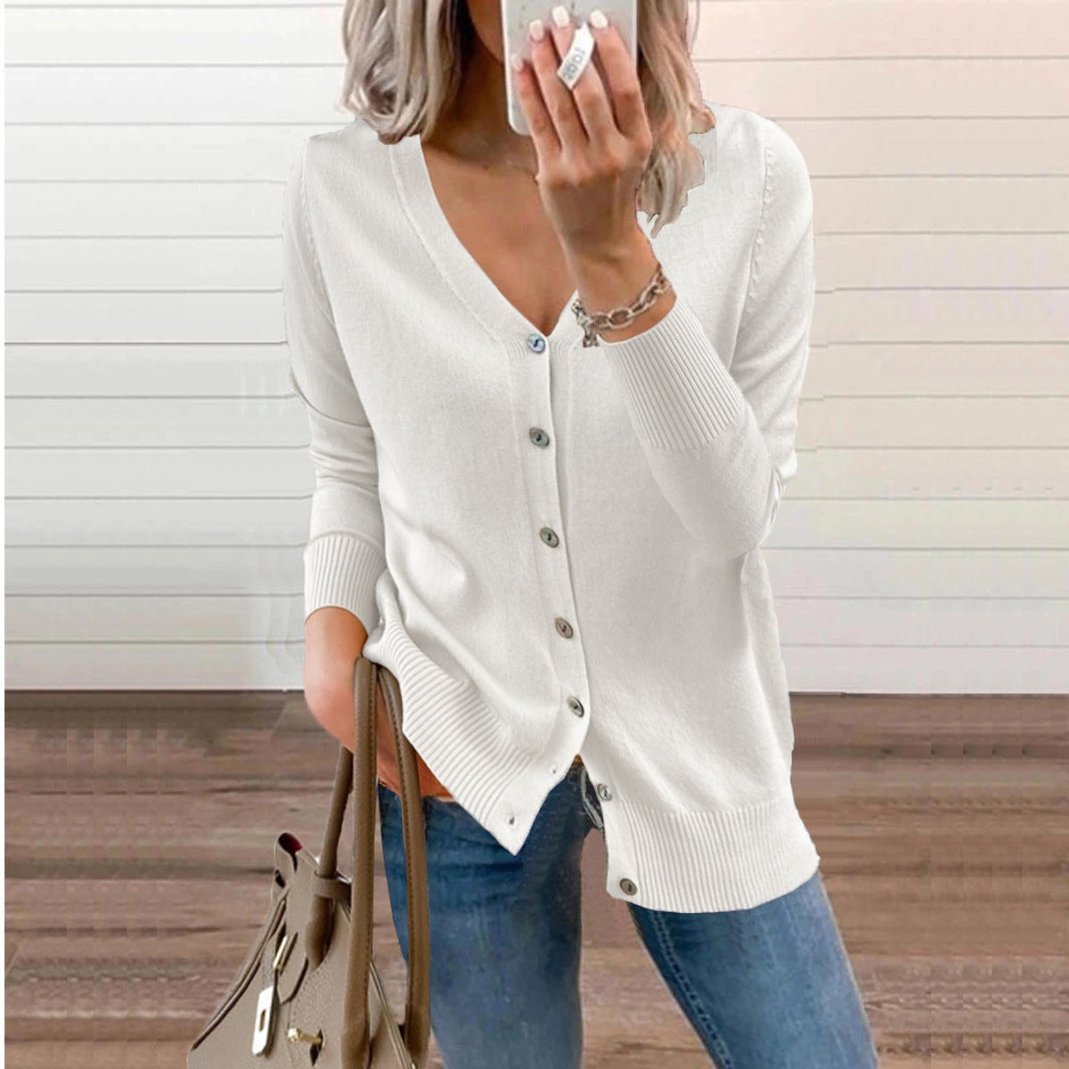 Cardigan col V boutonné manches longues pour femmes