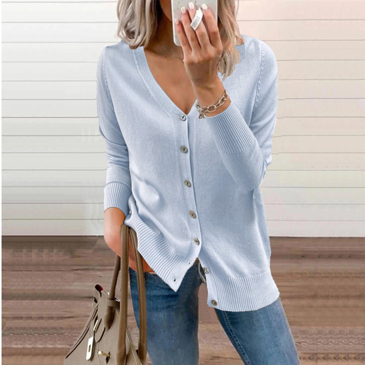 Cardigan col V boutonné manches longues pour femmes